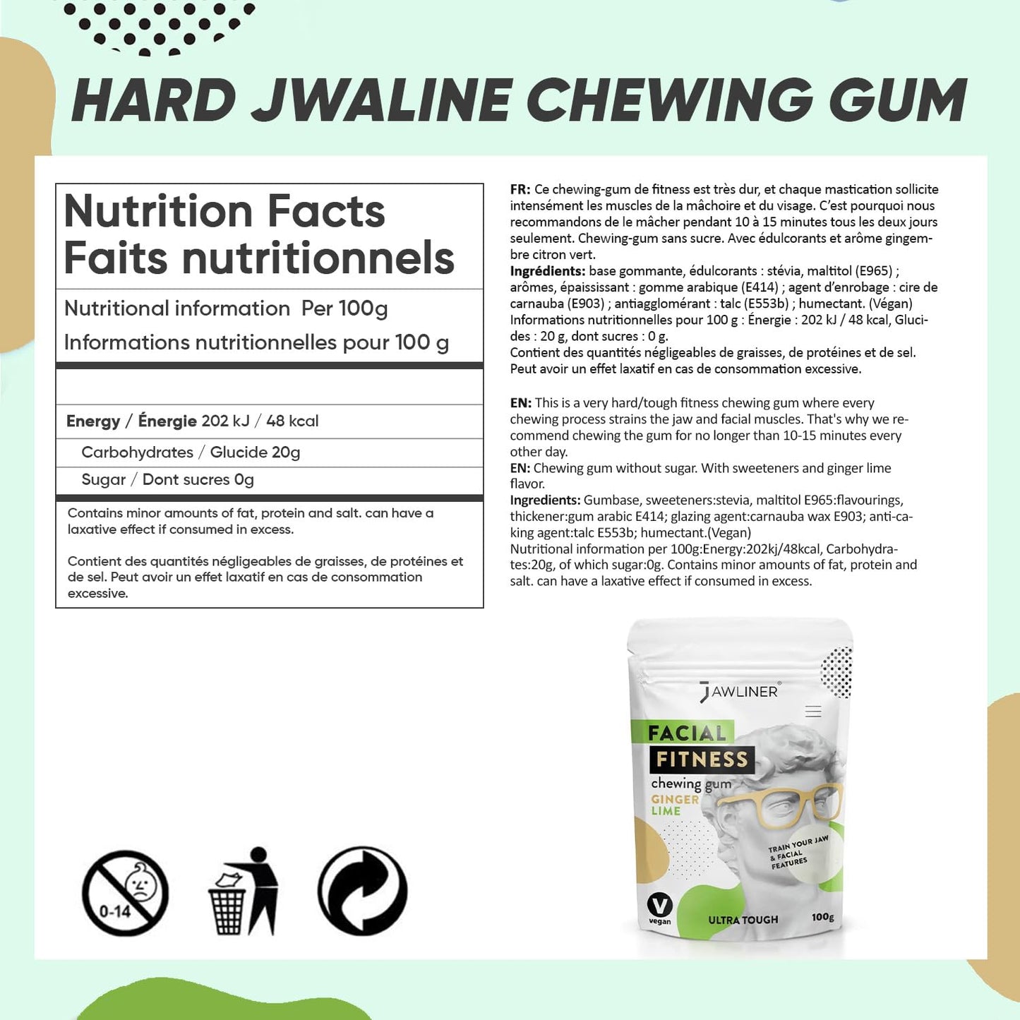 Jawliner® - Pioneers The Toughest Handmade 15X Harder Jawline Gum Includes 12 Weeks Coaching - Sugar-Free Ginger Lime Chewing Gum - Jawline Exerciser For Mewing & Shaping The Jaw (6 Months Pack)