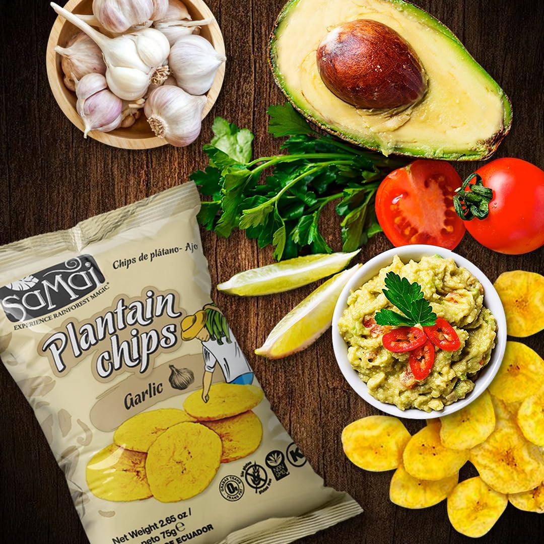 Samai Garlic Plantain Chips - Gluten Free, All Natural, NON-GMO, Kosher - 2.65oz (Pack of 15)