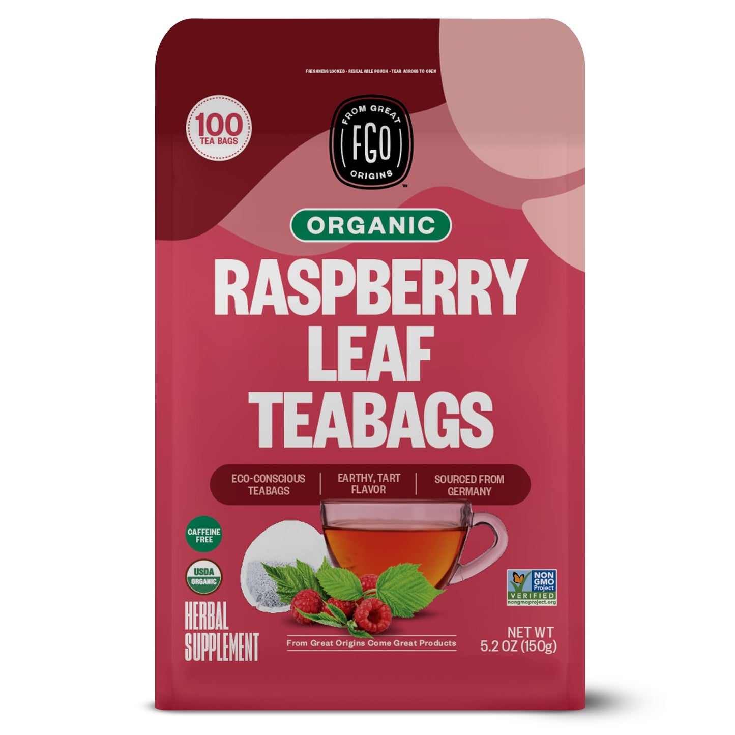FGO Organic Red Raspberry Leaf Tea Bags, 100 Count, Eco-Conscious Kraft Bag, Raw from Germany, Model FGO-RRLF-TEAB-100