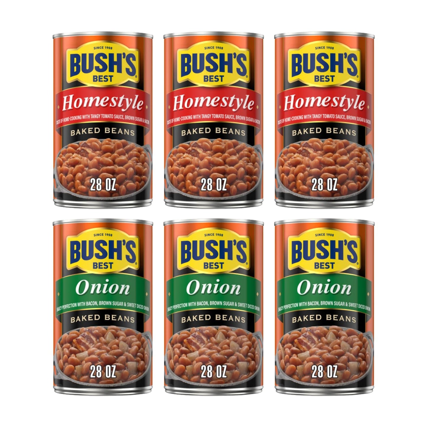 Bush's Best Baked Beans, Homey Onion Harmony Duo, 3 Homestyle Baked (28 Oz), 3 Onion Baked Beans (28oz), (Variety Pack)