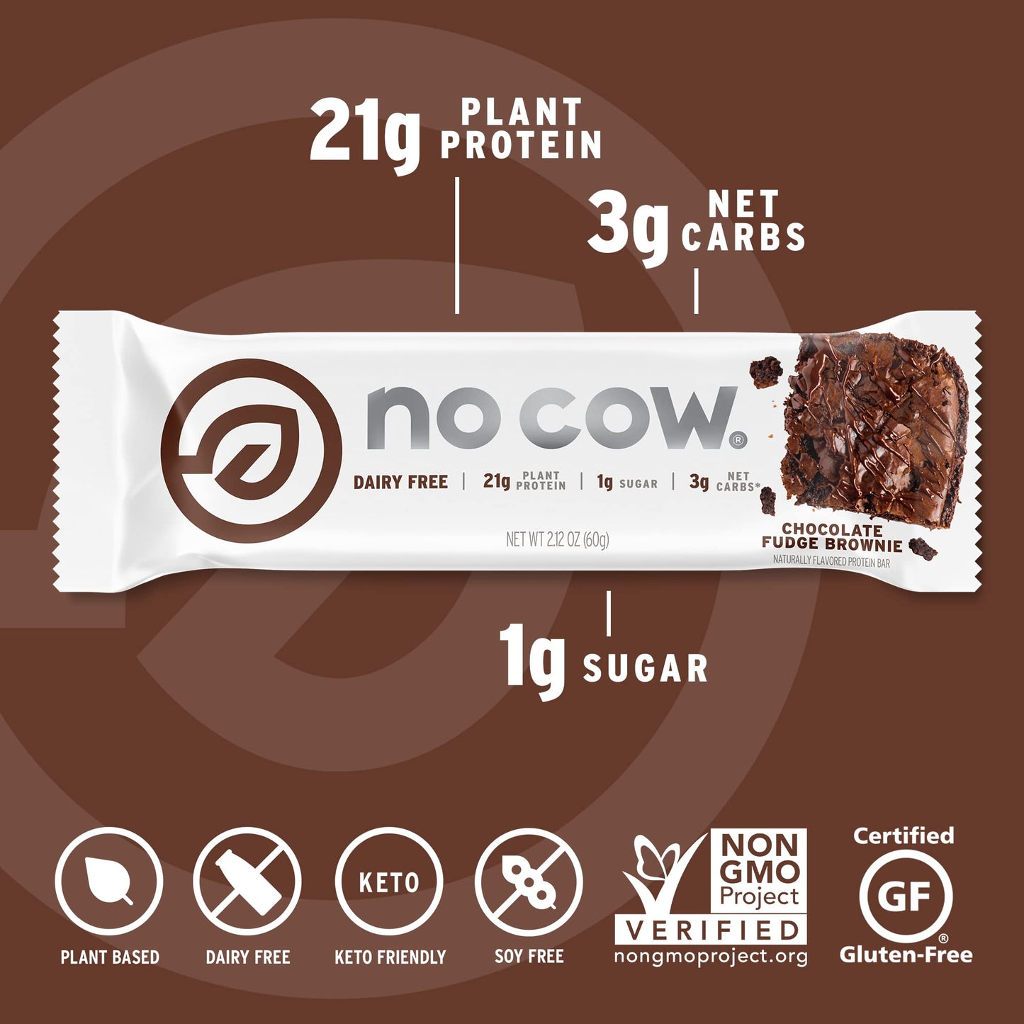 No Cow High Protein Bars, Chocolate Fudge Brownie - Healthy Snacks, 20g Vegan Protein, High Fiber, Low Sugar, Keto Friendly, Dai