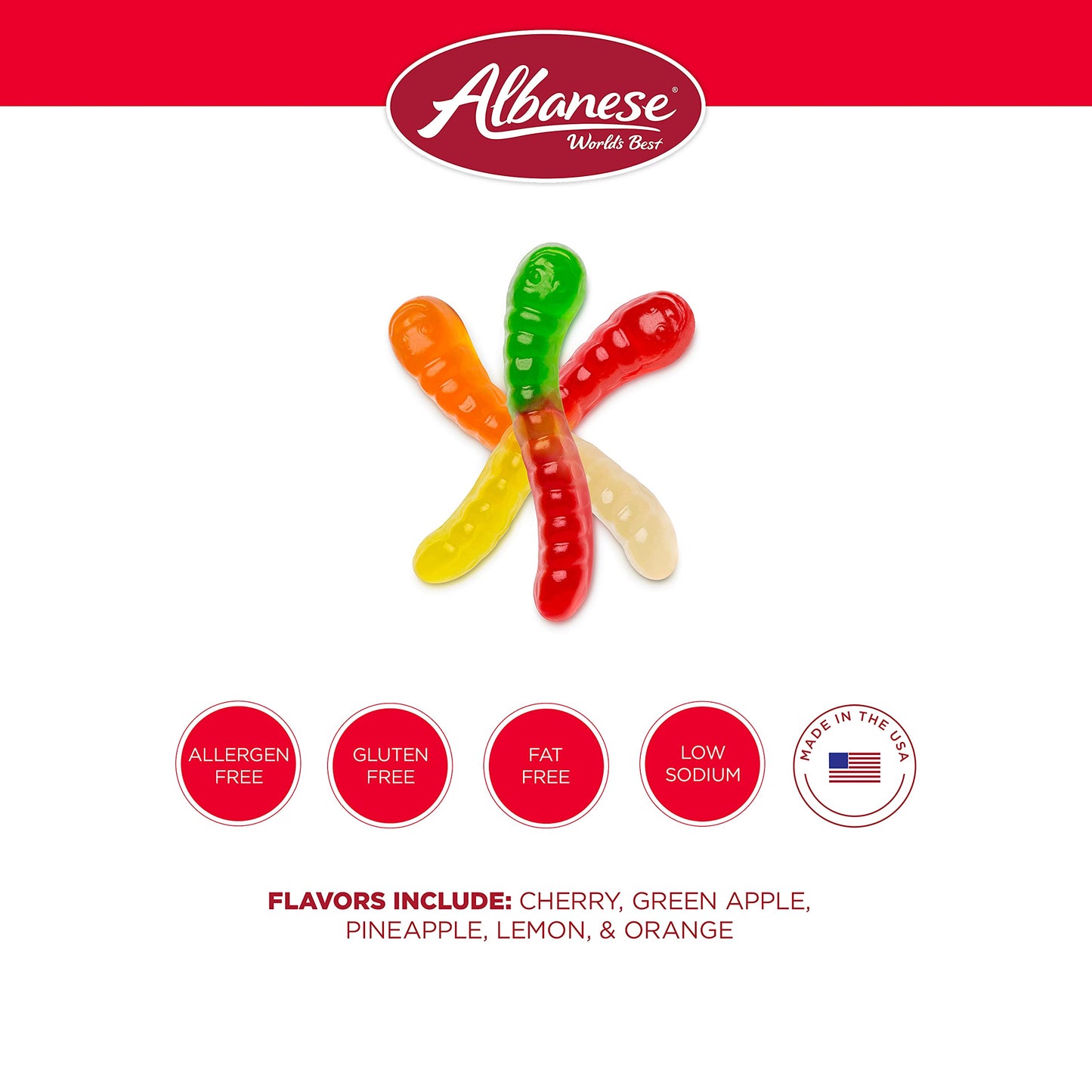 Albanese Candy Mini Assorted Fruit Gummi Worms, 5 Pound, Gluten Free, Assorted Flavors: Cherry, Green Apple, Pineapple, Lemon, Orange