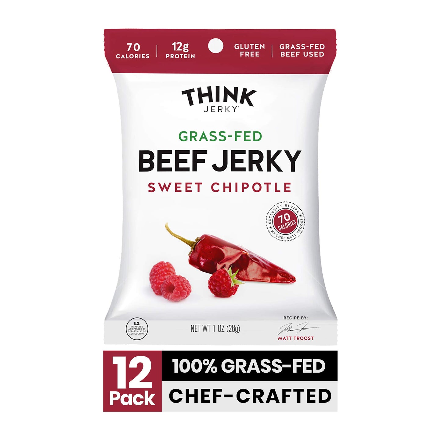 Think Jerky Sweet Chipotle Beef Jerky, Gluten Free, Grass-Fed, Low Calorie - 1 oz Bags, 12 Pack