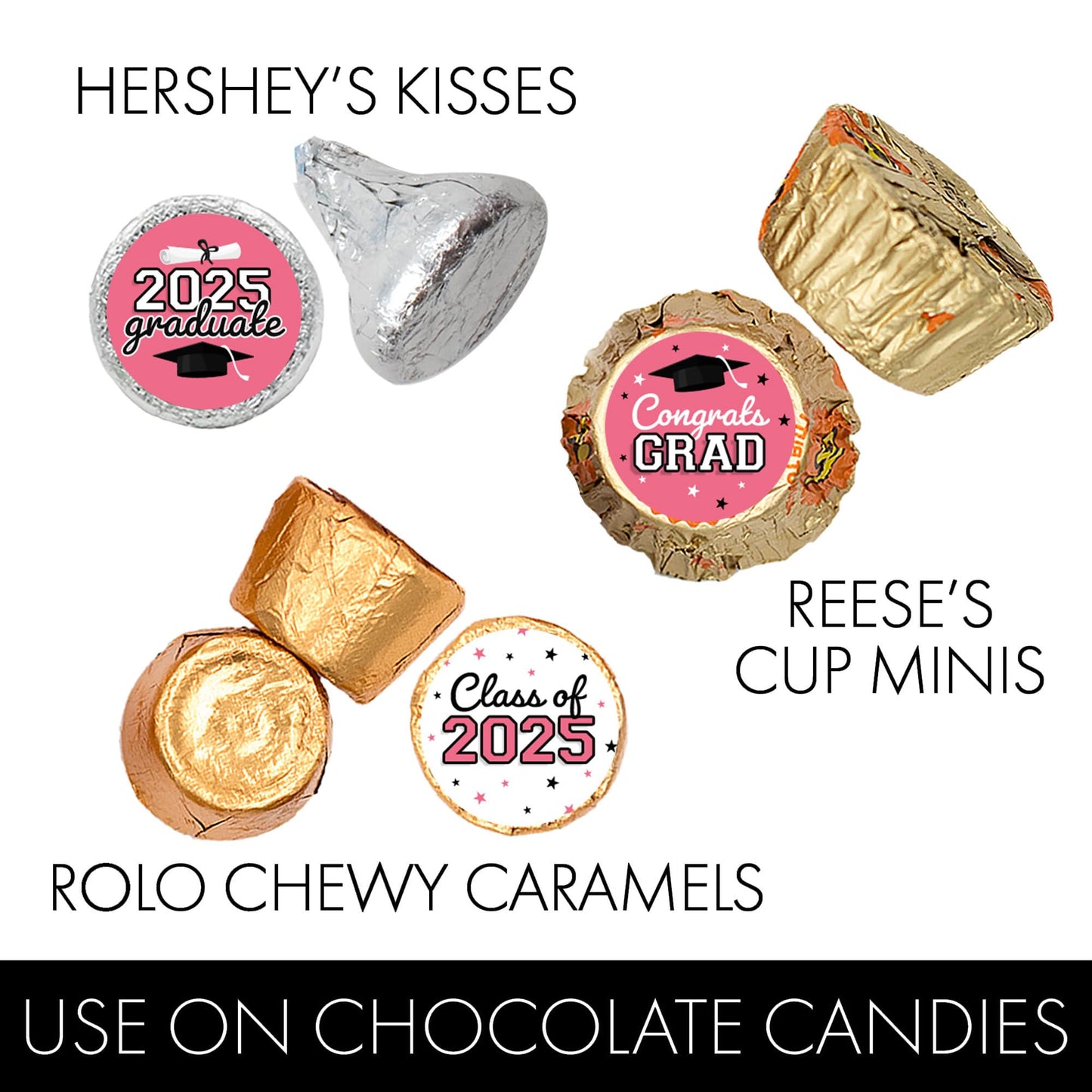 Pink Graduation Party Stickers For Kisses Candy, Chocolate Drops, 2025 Grad Party Favors - 180 Count