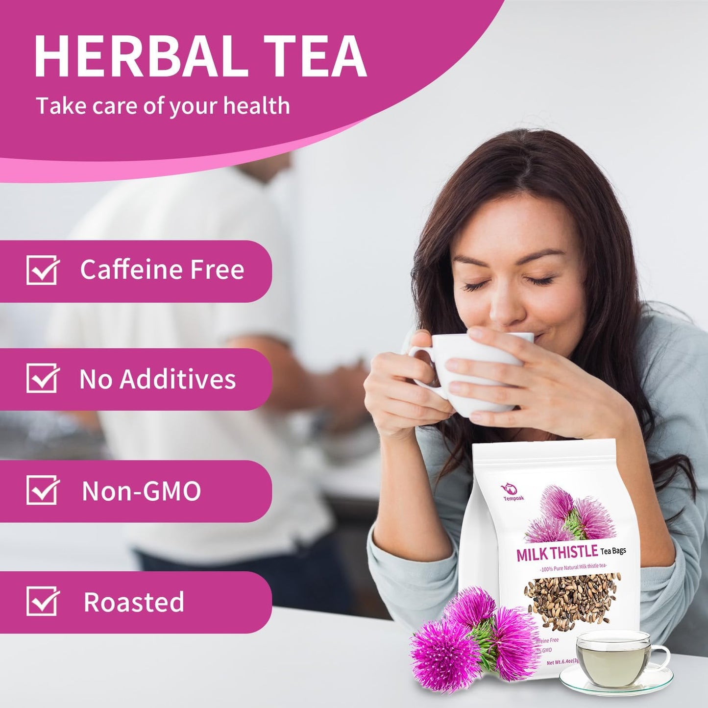 Tempoak Milk Thistle Tea Bags - 100% Pure Herbal Tea, Caffeine Free, Non-GMO, 60 Bags, 6.4 OZ