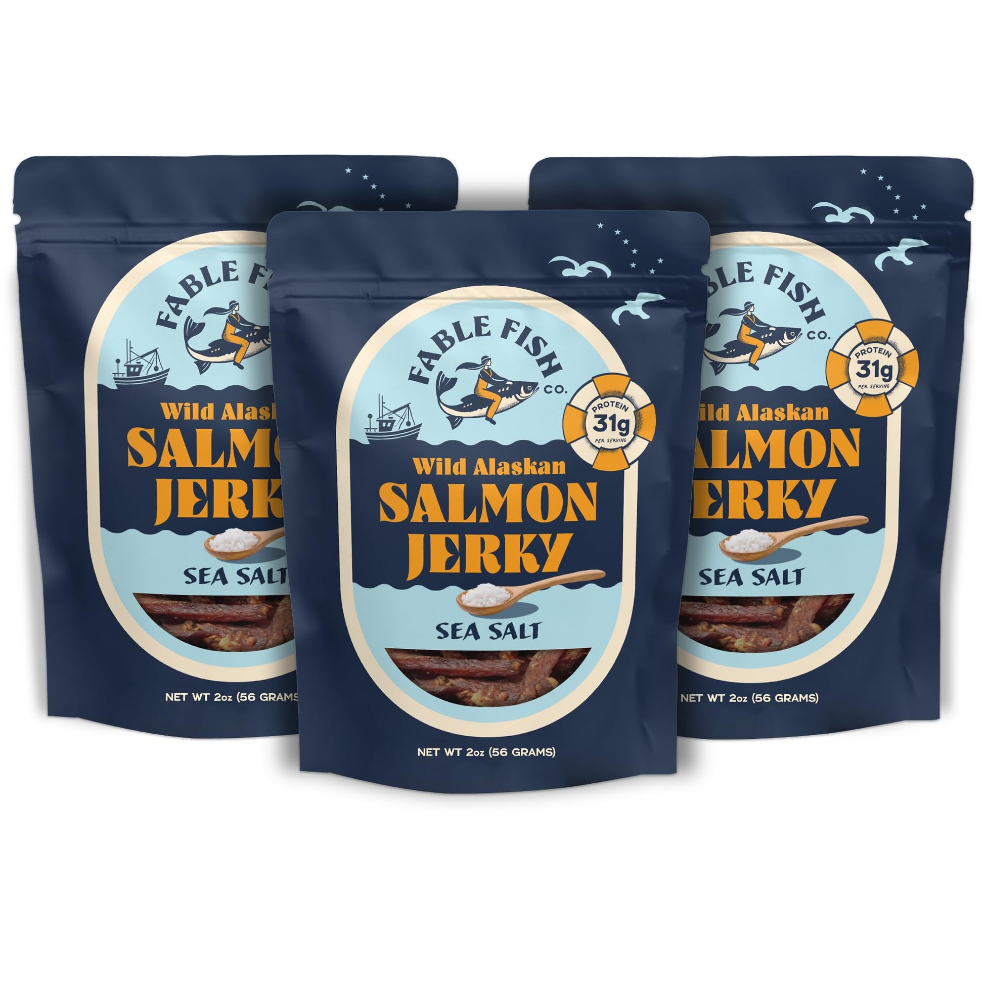 Fable Fish Wild Alaskan Salmon Jerky - Wild Caught Salmon With 31G Of Protein - Tasty Fish Jerky With Omega-3S And Natural Source Of Collagen - Made With Whole Muscle Sockeye - Sea Salt - 3 Pack