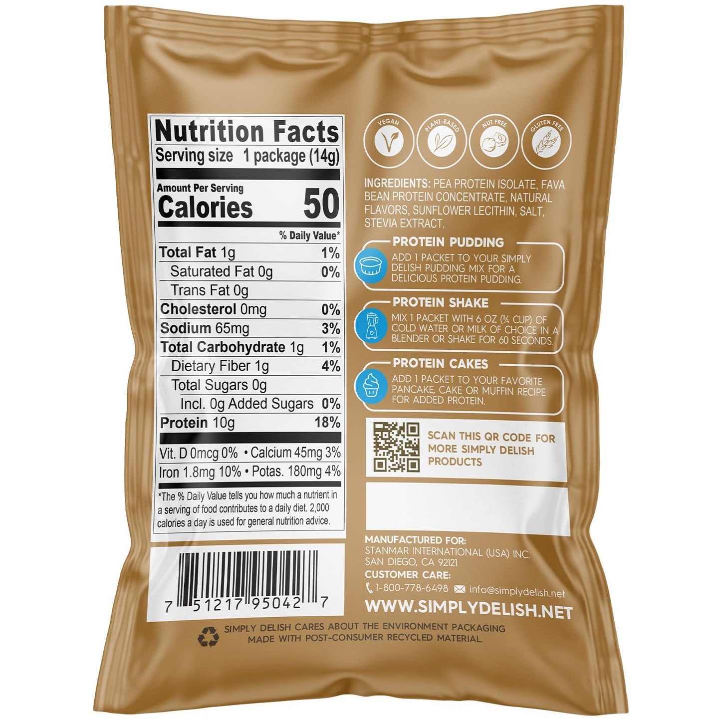 Simply Delish Plant-Based Protein Powder, Sugar Free, Vanilla, 0.49 Ounce (Pack of 6)
