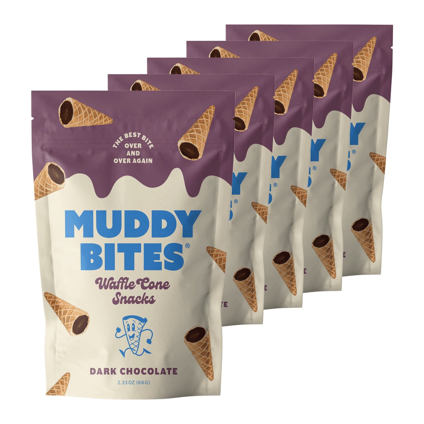 Muddy Bites Waffle Cone Snacks Chocolate Filled Bite Sized Cones (Dark Chocolate, 5 Bags)
