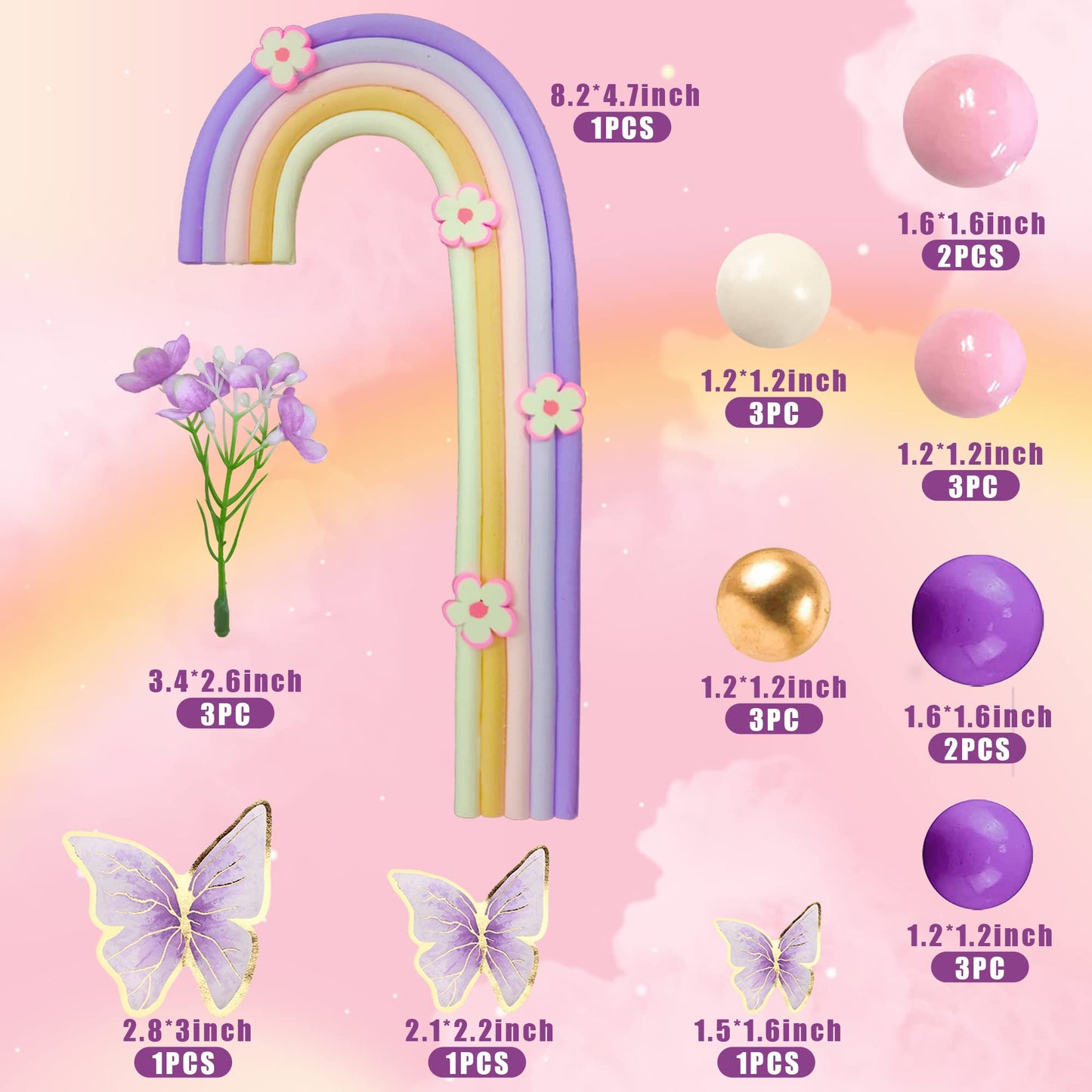 25Pcs Rainbow Cake Topper Balls Cake Decorations Boho Cake Topper With Purple Pink Balls Artificial Flowers And Butterflies For