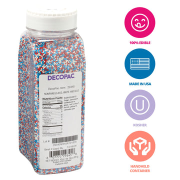 Decopac Red, White, And Blue Nonpareils | 30Oz | Fancy Cake Sprinkles In Handheld Container, Edible Cake Decorations For July 4T