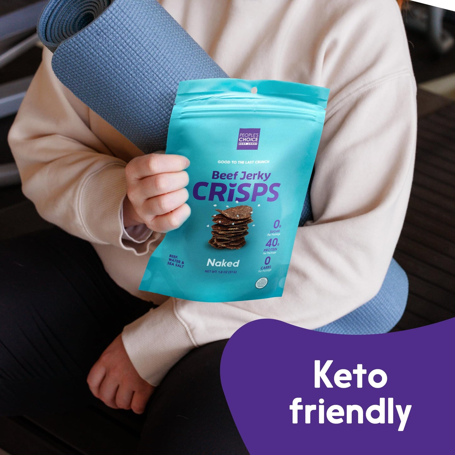 Peoples Choice Beef Jerky - Jerky Crisps - Naked - Three Ingredients - Beef, Water, Sea Salt - Sugar Free, Zero Carb, Gluten Free, Keto Friendly, Carnivore Diet, 40G Protein Per Package - Thin, Crispy, Crunchy - 1.8 Oz (4 Pack)