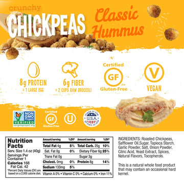 The Good Bean Crunchy Chickpeas - Classic Hummus - (10 Pack) 1.4 Oz Packet - Roasted Chickpea Beans - Vegan Snack With Good Sour