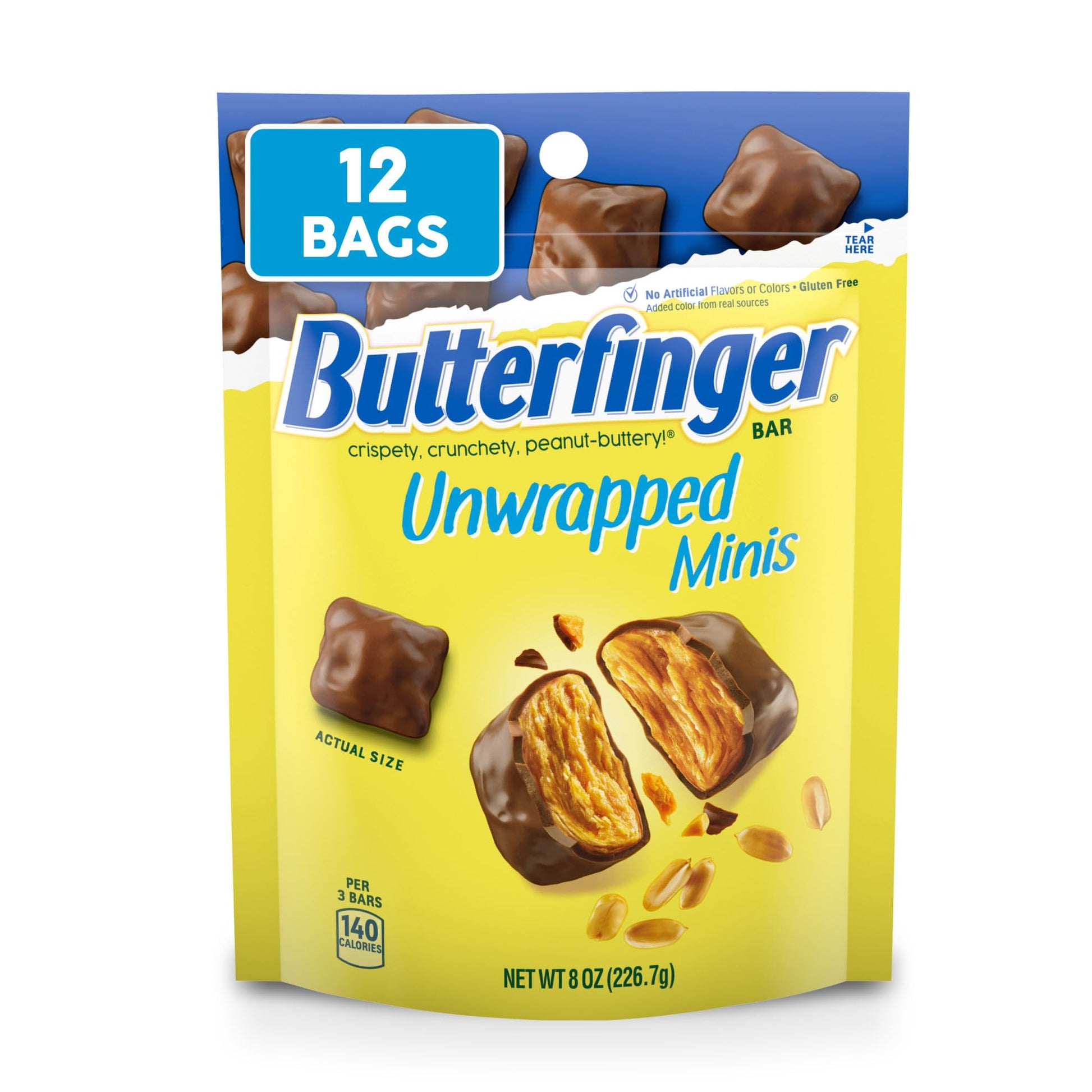 Butterfinger Unwrapped Minis, Bulk 12 Bags, Chocolatey, Peanut-Buttery, Resealable Bag, Halloween Candy, 8 Oz Each