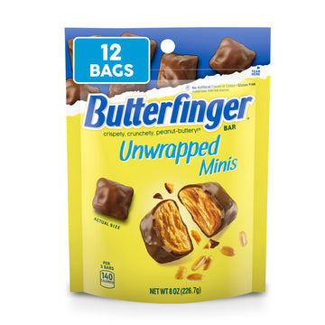 Butterfinger Unwrapped Minis, Bulk 12 Bags, Chocolatey, Peanut-Buttery, Resealable Bag, Halloween Candy, 8 Oz Each