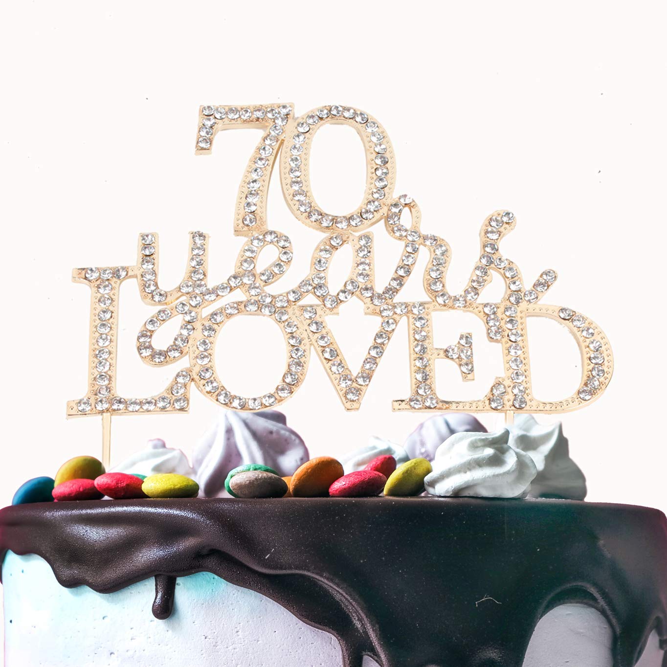 70 Years Loved Crystal Cake Topper For 70 Years Birthday Or 70Th Wedding Anniversary Rhinestone Metal Party Decoration Gold