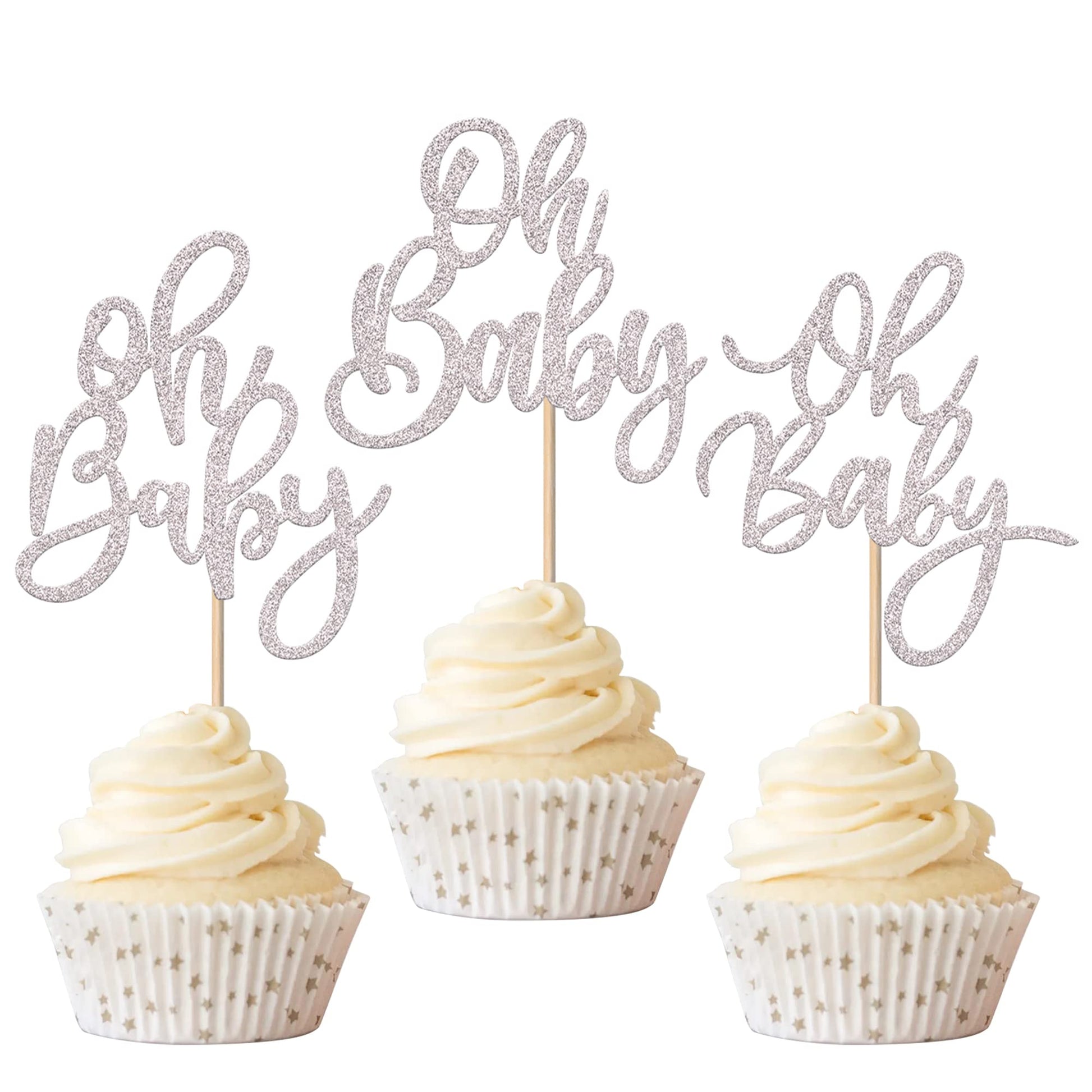 Rsstarxi 24 Pack Silver Glitter Oh Baby Cupcake Toppers Glitter Celebrating Baby Shower Cupcake Picks Baby Shower Cake Decorations For Boys Girls Birthday Party Supplies