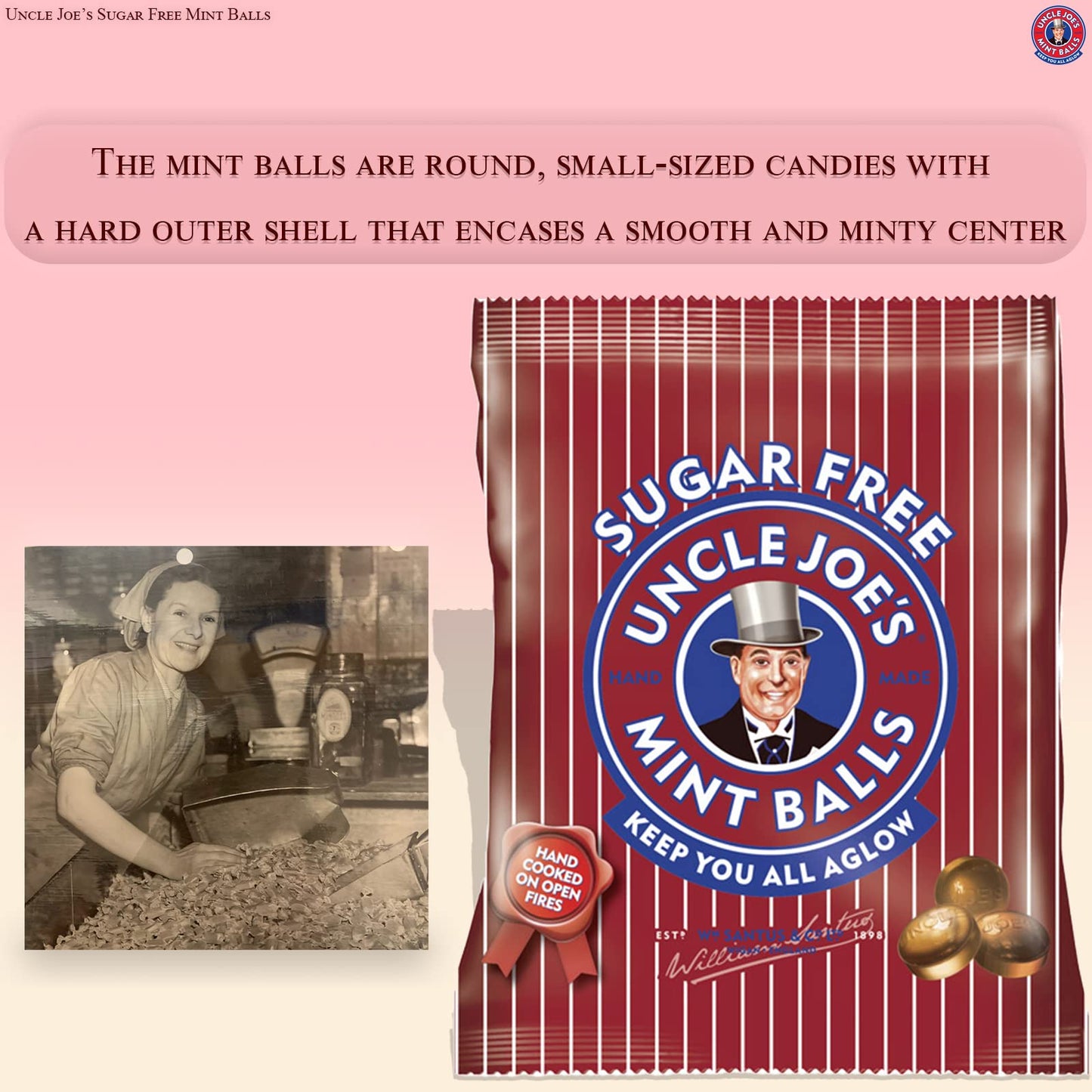 Uncle Joes Sugar Free Mint Balls | Handmade Vegan Candy | Real Peppermint Oil | 60g (2.1 Oz) Individually Wrapped