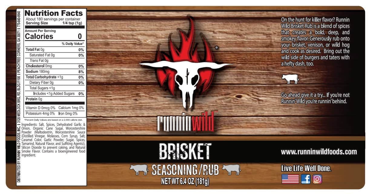 Runnin Wild Gourmet Brisket Seasoning Rub - No MSG, 6.4 oz, Ideal for Smoker or Grill