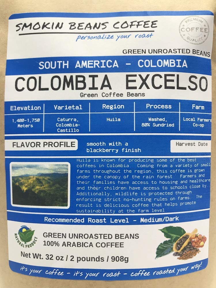 Smokin Beans 2-Pound Colombia Excelso Unroasted Green Arabica Coffee Beans, Fresh Specialty Grade, 80 Ounce