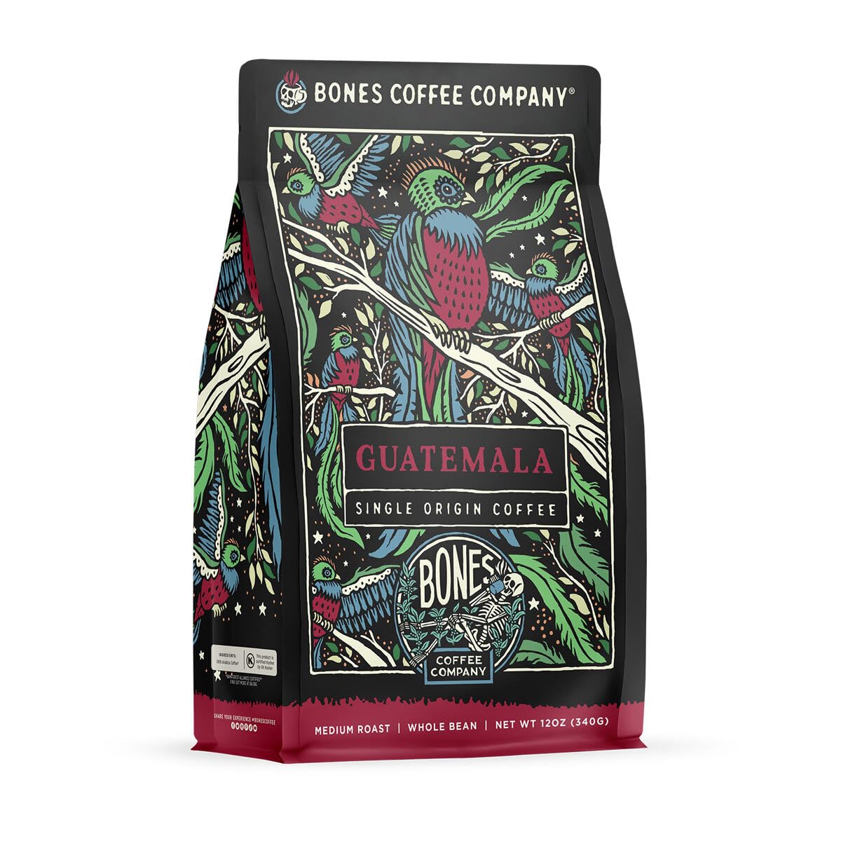 Bones Coffee Company Guatamela Single-Origin Whole Coffee Beans, Low Acid Coffee Made With Arabica Coffee Beans, Medium Roast Gourmet Coffee, Coffee Lover Gift Ideas (12 Oz)
