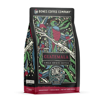 Bones Coffee Company Guatamela Single-Origin Whole Coffee Beans, Low Acid Coffee Made With Arabica Coffee Beans, Medium Roast Gourmet Coffee, Coffee Lover Gift Ideas (12 Oz)