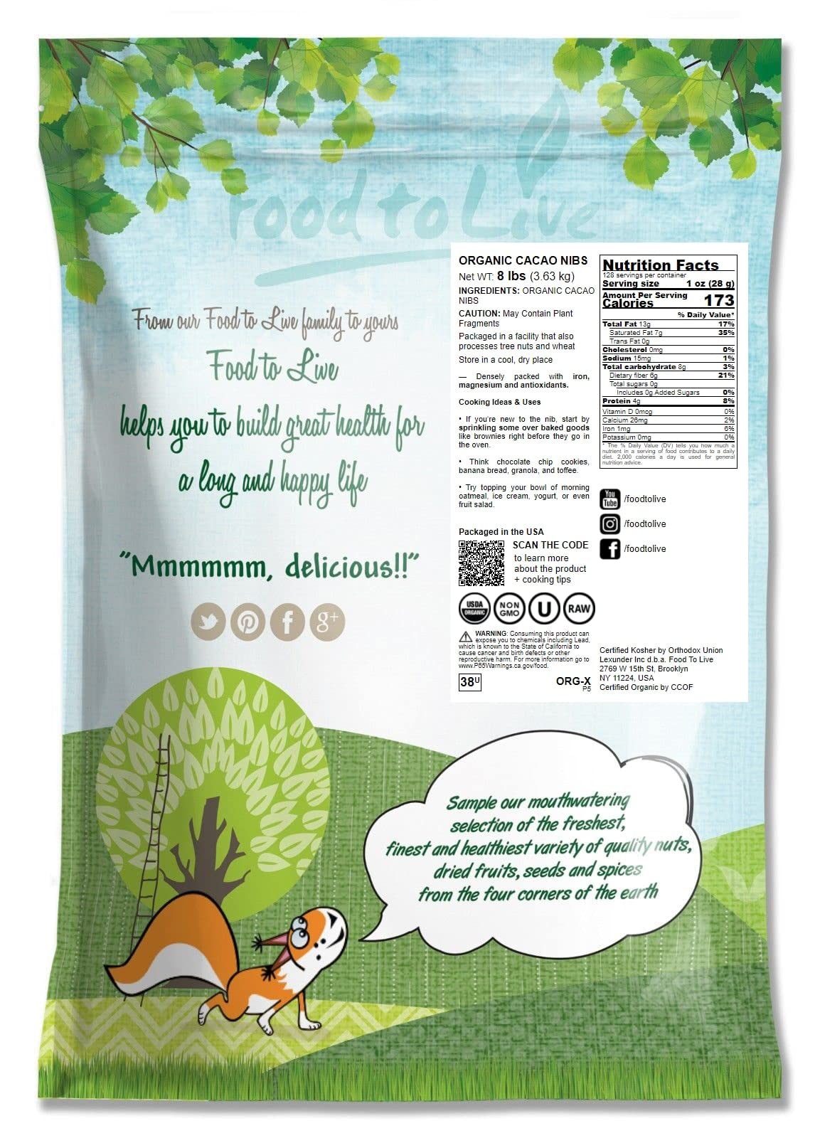 Food to Live Organic Cacao Nibs, Unsweetened, Non-GMO, Raw, Vegan, 8 Pound Bulk