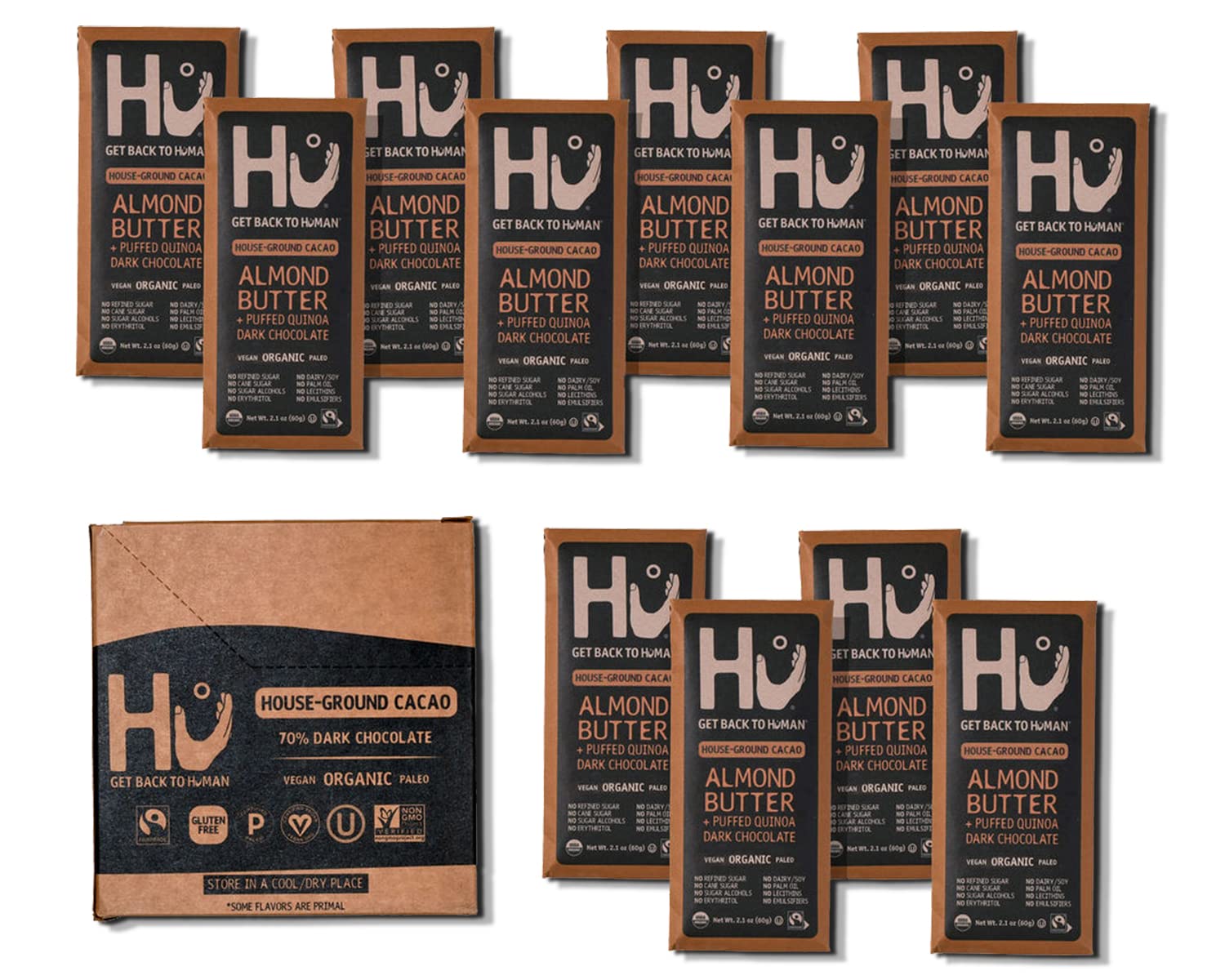 Hu Chocolate Bars | 12 Pack Almond Butter Puffed Quinoa Chocolate | Natural Organic Vegan, Gluten Free, Paleo, Non Gmo, Fair Trade Dark Chocolate | 2.1Oz Each