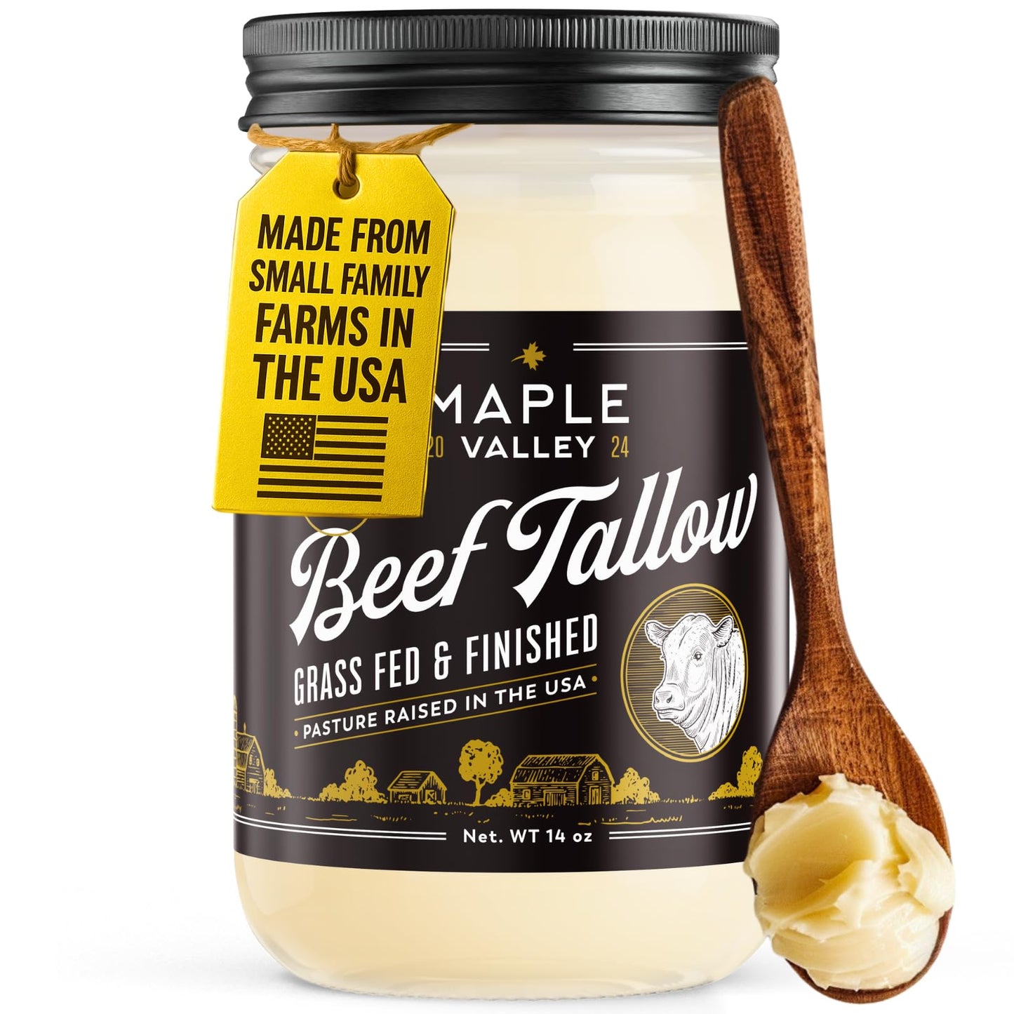 Beef Tallow for Cooking | Pasture Raised Grass Fed Beef Tallow | Paleo & Keto Friendly  100% Grass Fed & Finished Beef Fat | The Maple Valley  14 oz