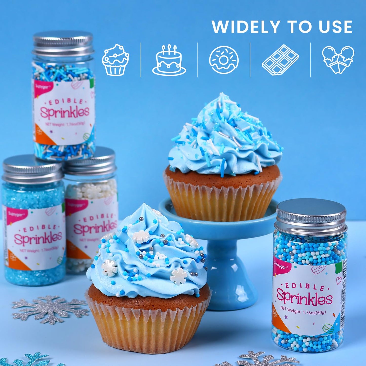Blue Sprinkles For Cake Decorating, Edible Winter Sprinkles Set For Cupcake Toppers, White Snowflake Sprinkles, Blue Sugar Sandi