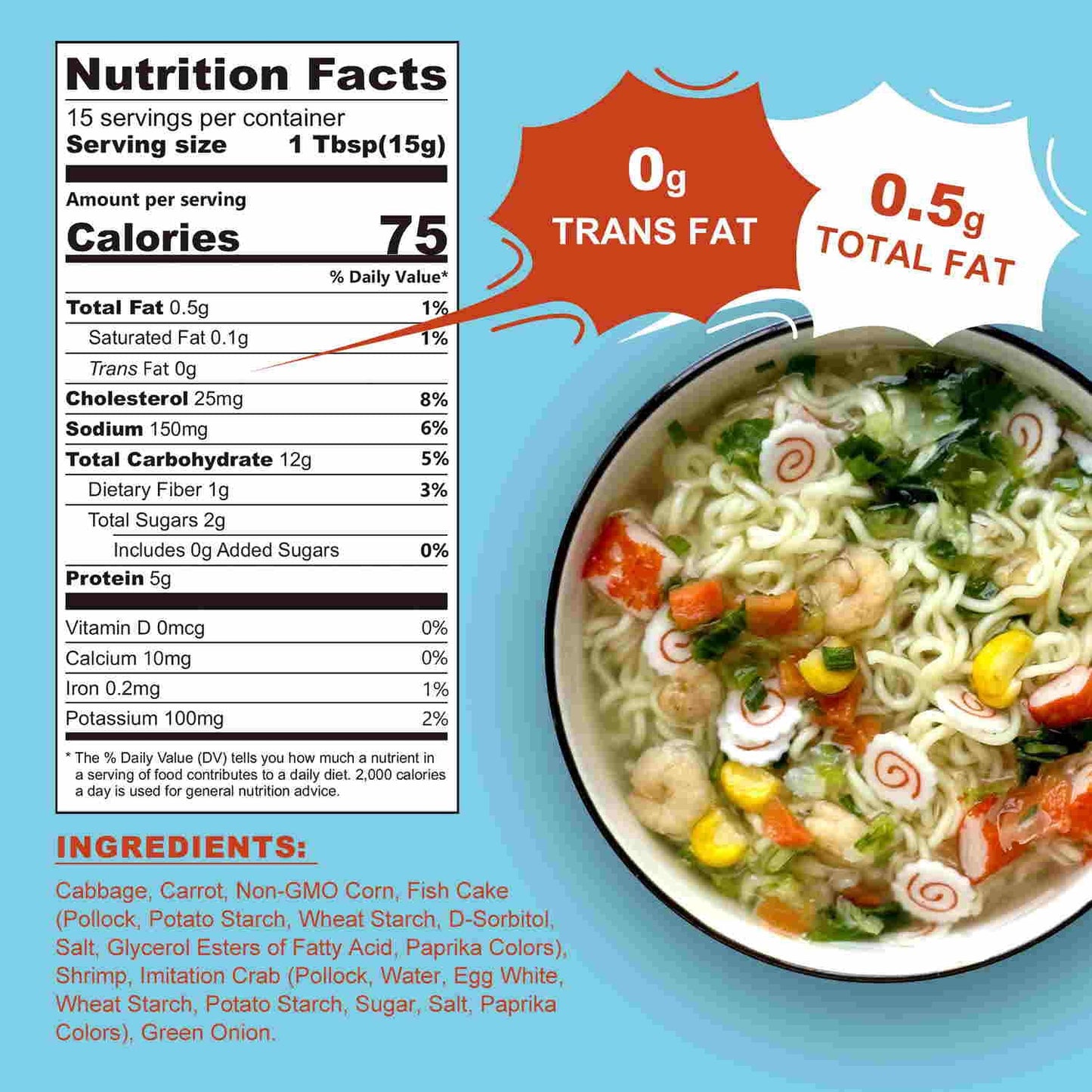 Talcufon Ramen Toppings 8 Oz, Classic Seafood And Vegetables Mix Premium Seafood And Sun-Dried Seasonal Vegetables, Ready To Use