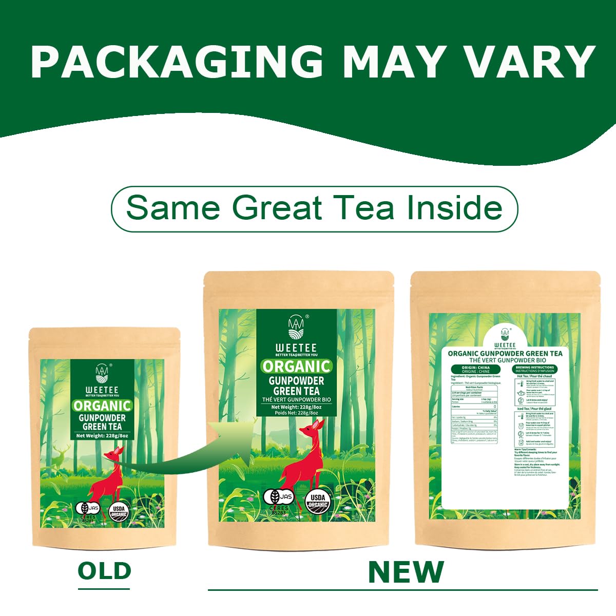 WT WEETEE Organic Gunpowder Green Tea, USDA Organic Loose Leaf Green Pearls Tea 8 Ounce, Full-Bodied & Gently Rolled Chinese Gre