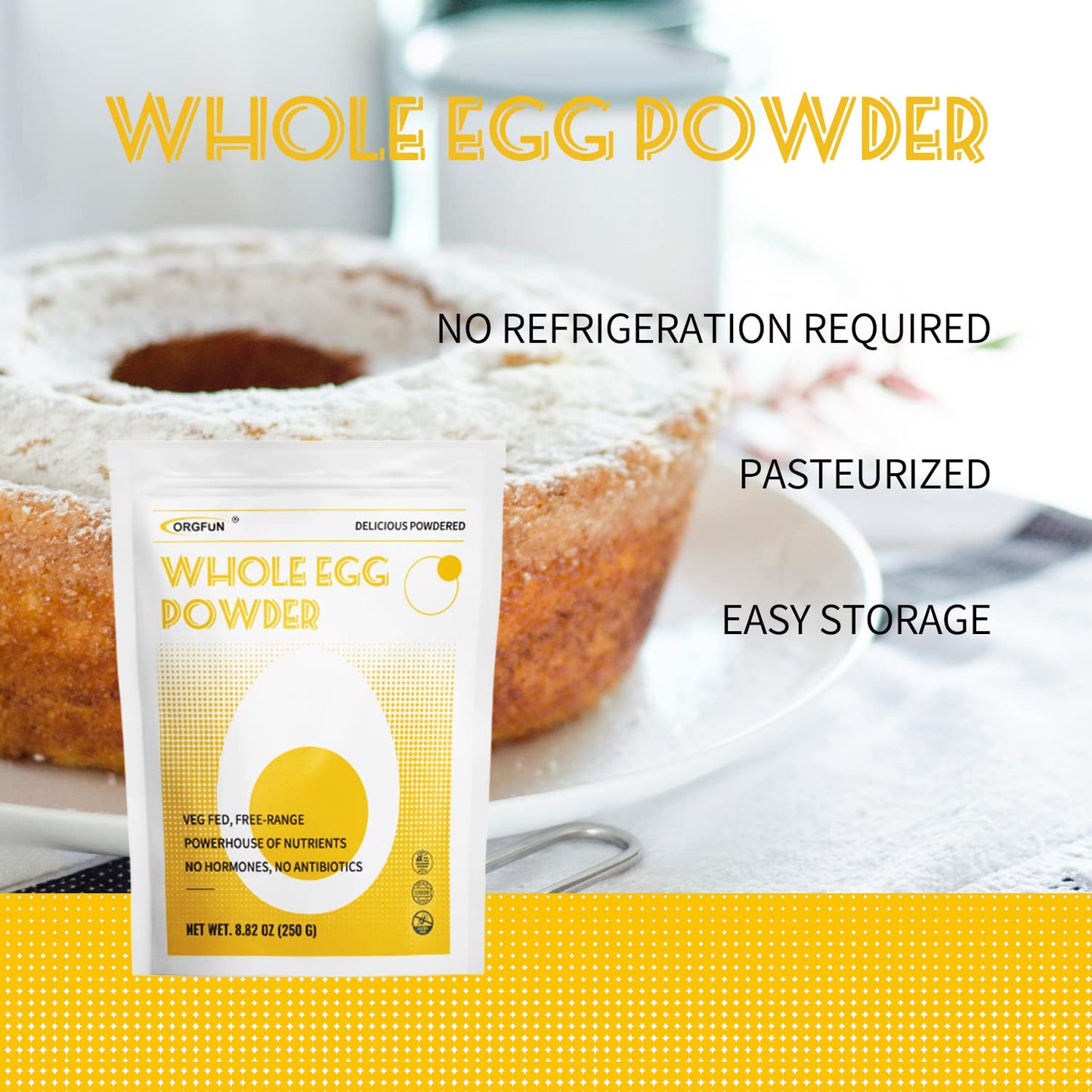 Orgfun Whole Eggs Powder, Just One Ingredient, Pasteurized Made In Usa Great For Baking , 8.82 Oz