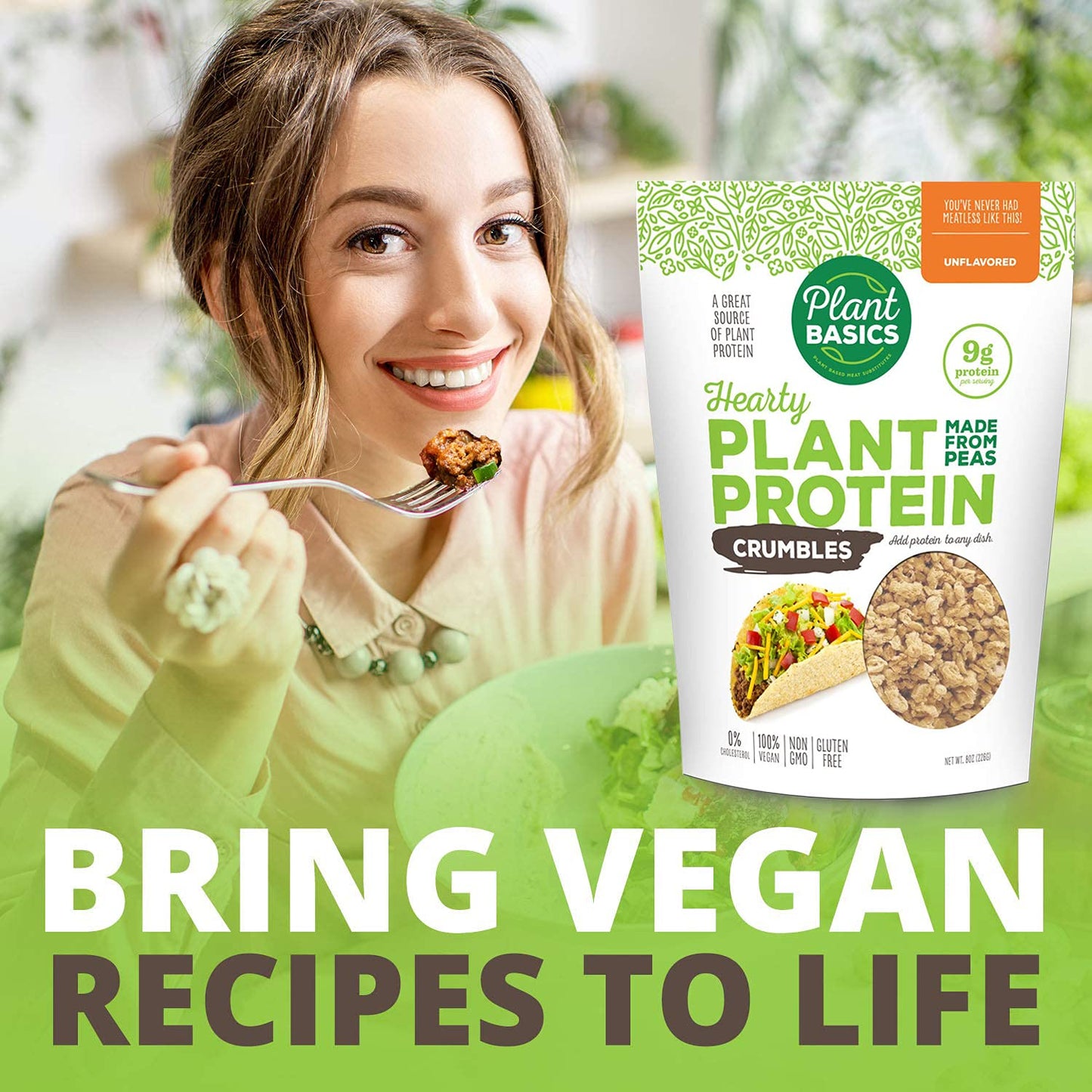 Plant Basics - Hearty Plant Protein - Unflavored Crumbles, 8 oz, Made from Peas, Non-GMO, Gluten Free, Low Fat, Low Sodium, Vega