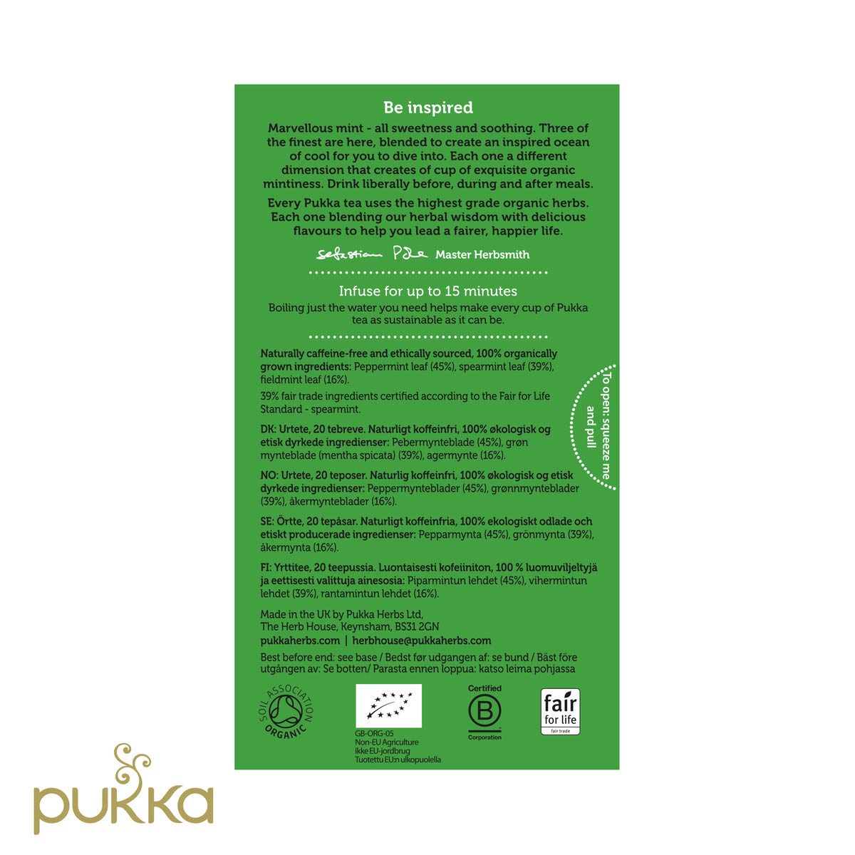 Pukka Organic Tea Bags, Three Mint Herbal Tea, 20 Tea Bags