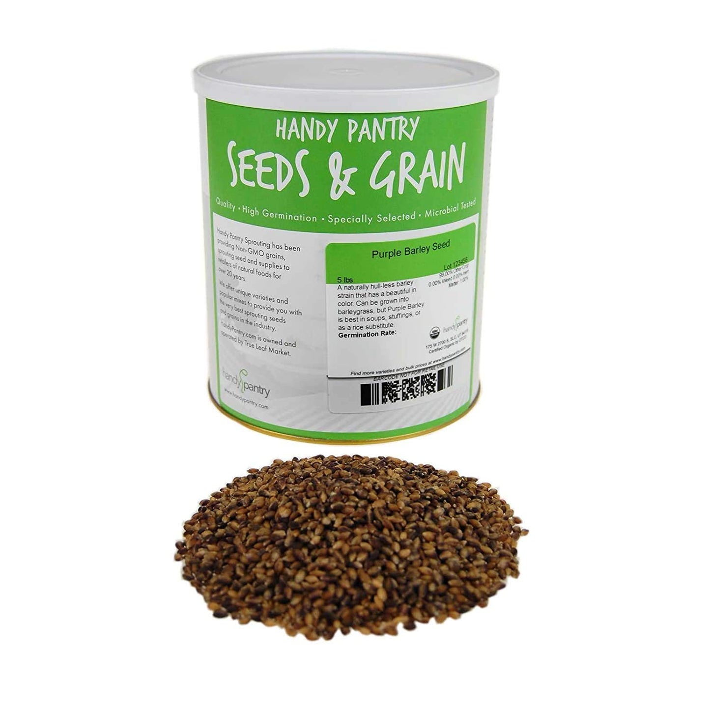 Handy Pantry Purple Barley Seeds - Certified Organic - 5 Lbs - Model PBAR-5 - No Hull - Ideal for Food Storage, Flour, Soups