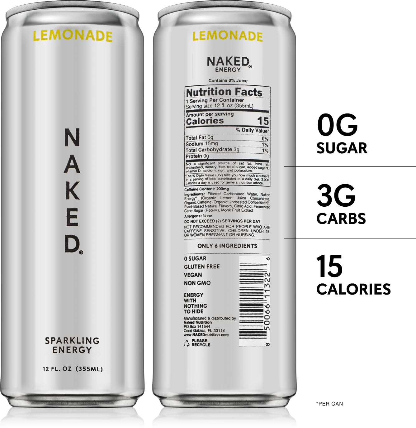 Naked Sparkling Energy Drink - Lemonade  Organic Caffeine  Organic Lemon Juice  Zero Sugar  No Sucralose  Naturally Sweetened  Natural Energy Drinks  Vegan  Gluten-Free  Non-GMO - 12oz Cans (Pack of 12)