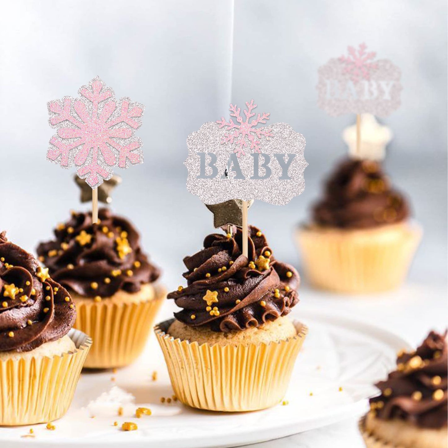 24 Pcs Snowflake Baby Cupcake Toppers Glitter Winter Snowflake Baby Shower Cupcake Picks Decorations For Winter Snowflake Theme