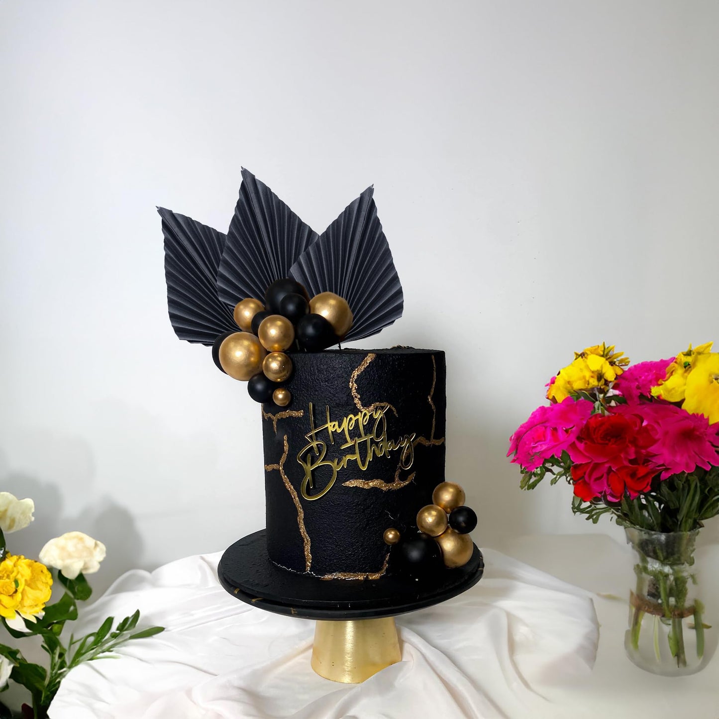 Gyufise Paper Palm Fan Cake Toppers, Black, 4.7 x 5.1, Model ZN0680-7, 6 Pcs for Birthday & Wedding Party Decorations