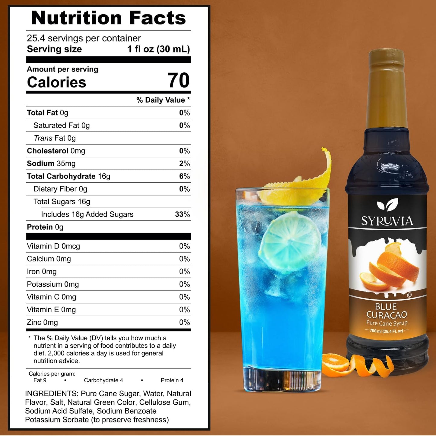Syruvia Blue Curacao Syrup - Blue Curacao Syrup Flavor, 25.4 Fl Oz - Perfect For Cocktails, Ice Tea, Desserts, Italian Sodas, Ic
