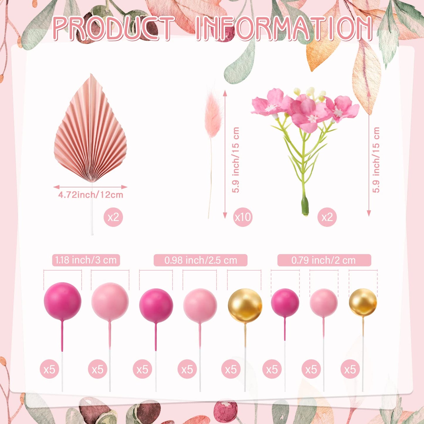 Fumete Boho Cake Topper Set, 53 Pcs Foam Balloons & Palm Leaves, Pink & Gold for Baby Shower, Birthday, Wedding Cake Decoration