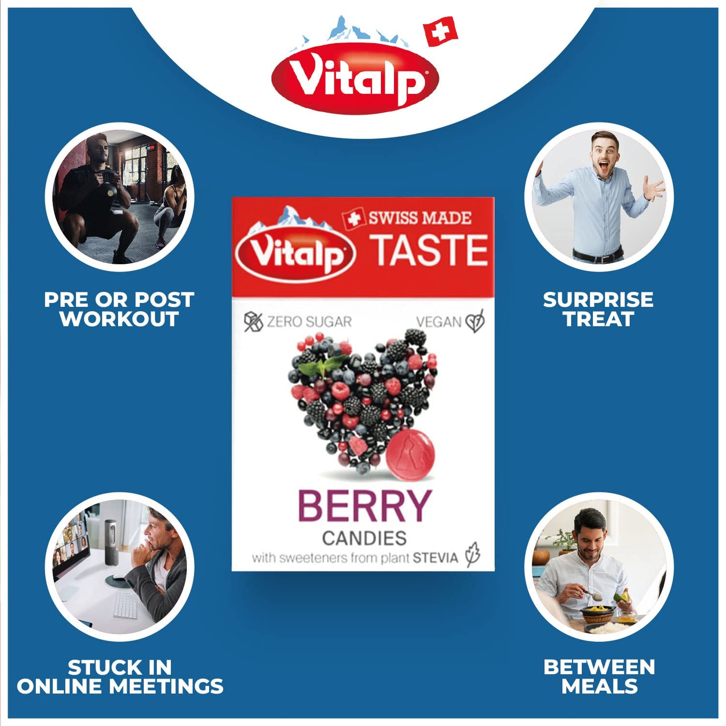 Vitalp Taste, Swiss Made, Sugar Free Candy With Stevia, Vegan, Berry Flavor, 25G/0.88 Ounce Packs, 16 Boxes