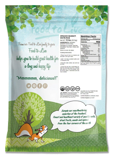 Food To Live Organic White Basmati Rice, 15 Pounds - Non-Gmo, Long-Grain Rice Variety, Fragrant, Kosher, Vegan, Bulk. Non-Irradi