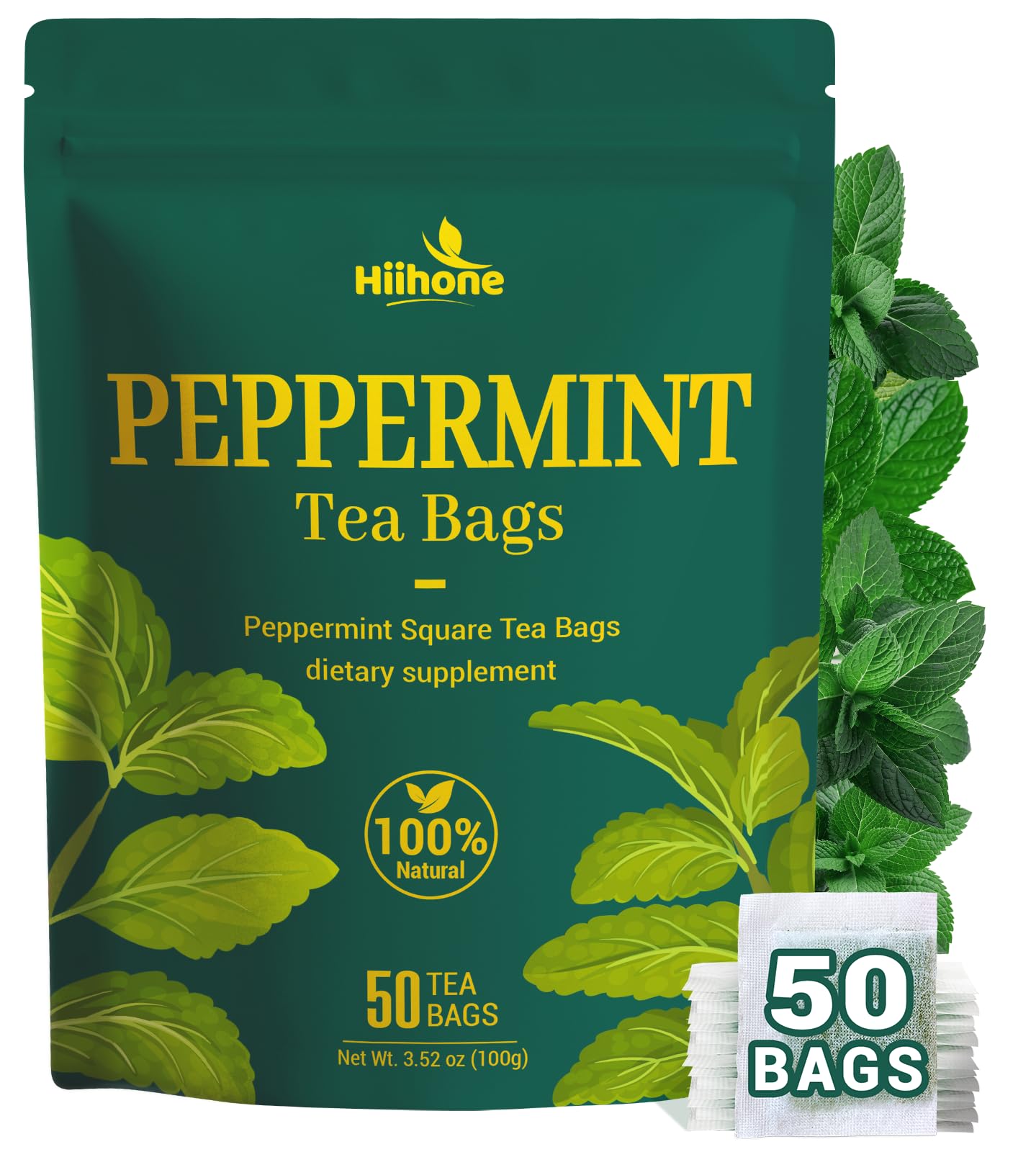 Hiihone Peppermint Tea Bags  100% Pure Peppermint Leaves  Fresh Minty Herbal Tea  Naturally Energy Blend-Free  Non-Gmo  Enjoy Hot Or Iced  50 Tea Bags