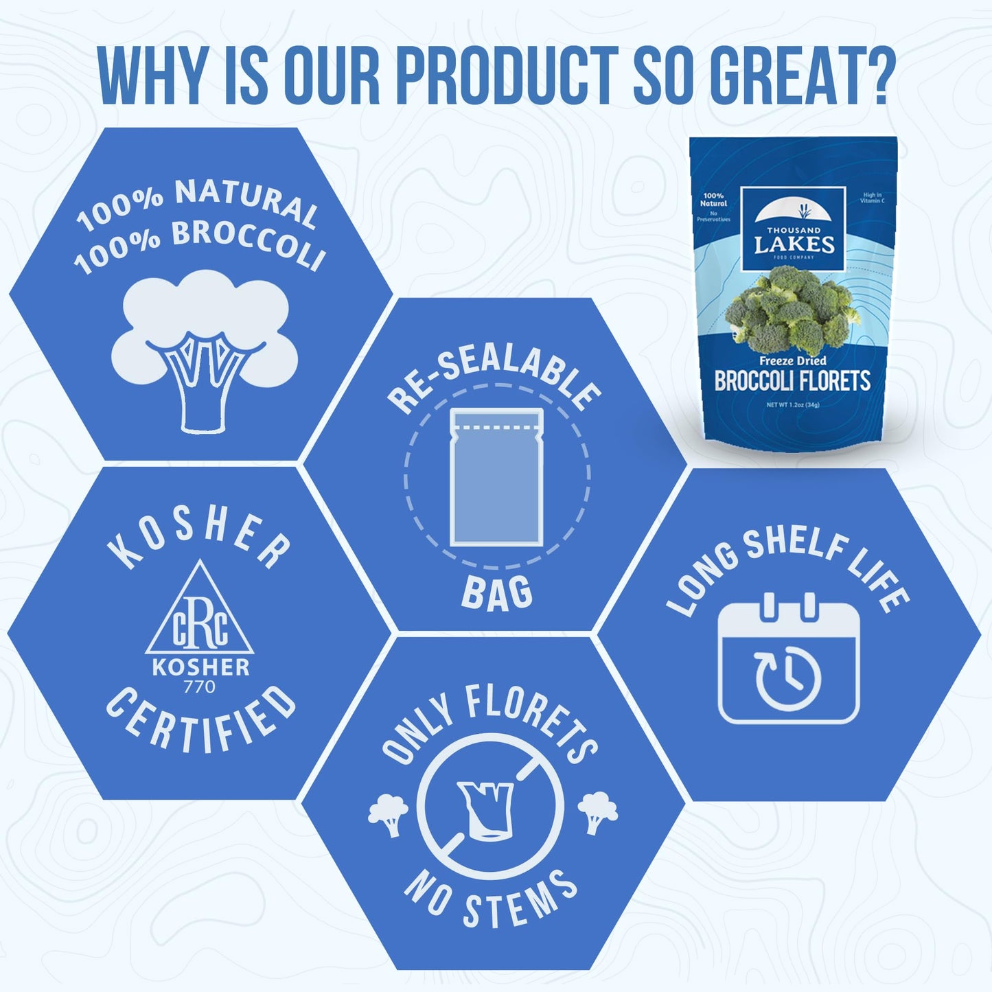 Thousand Lakes Freeze Dried Vegetables - Broccoli Florets 8-pack 0.6 ounces (4.8 ounces total) | 100% Florets - No Stems | No Sa
