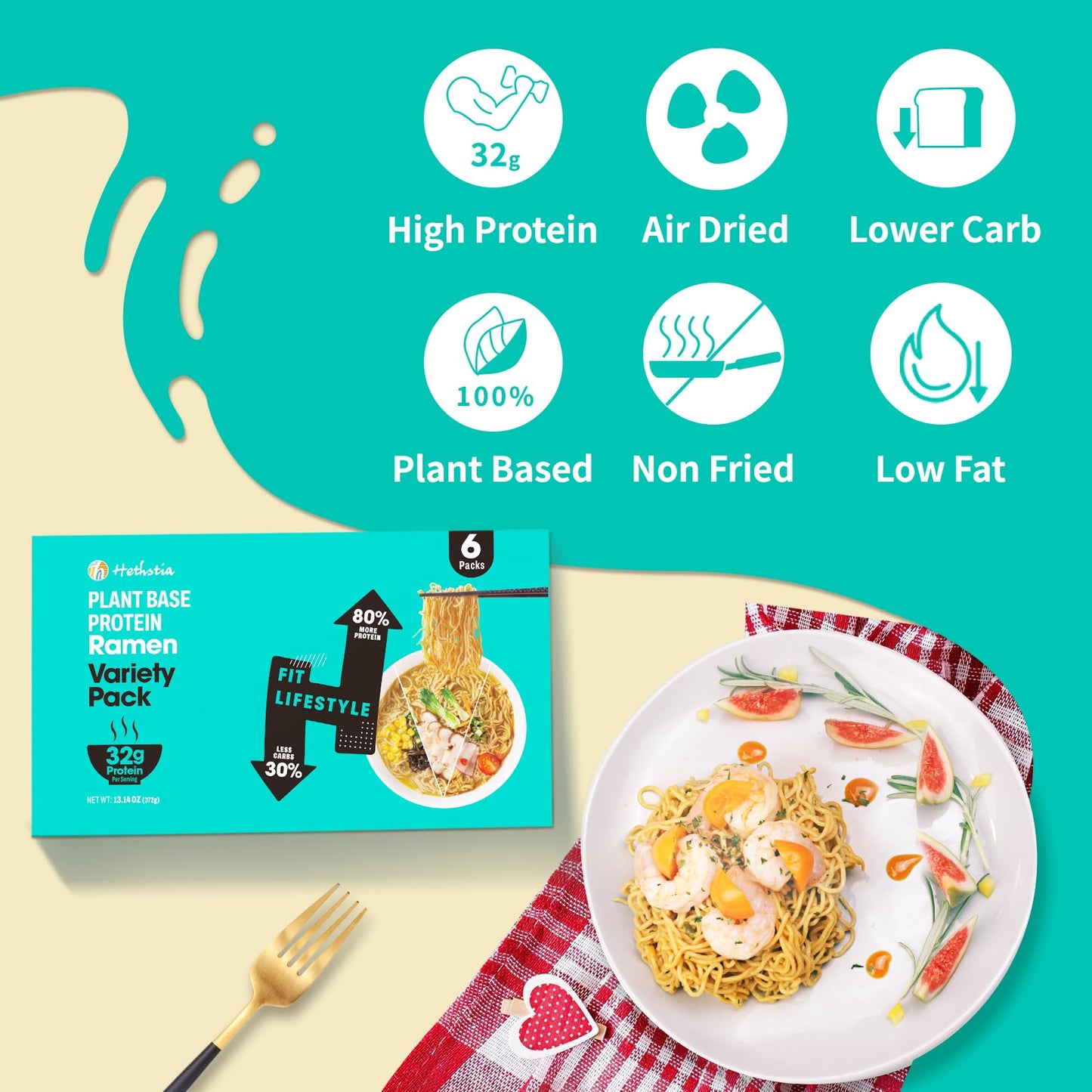 Hethstia High-Protein Instant Ramen Variety Pack (Chicken, Beef, Pork Tonkotsu), 6 Pack Non-Fried Ramen Broth, 31G Plant-Based P