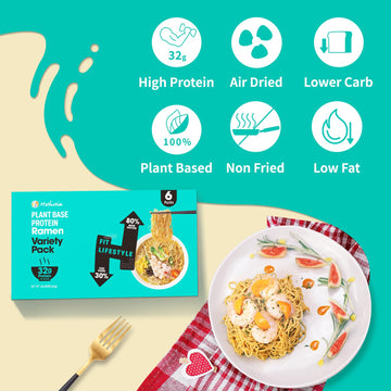 Hethstia High-Protein Instant Ramen Variety Pack (Chicken, Beef, Pork Tonkotsu), 6 Pack Non-Fried Ramen Broth, 31G Plant-Based P