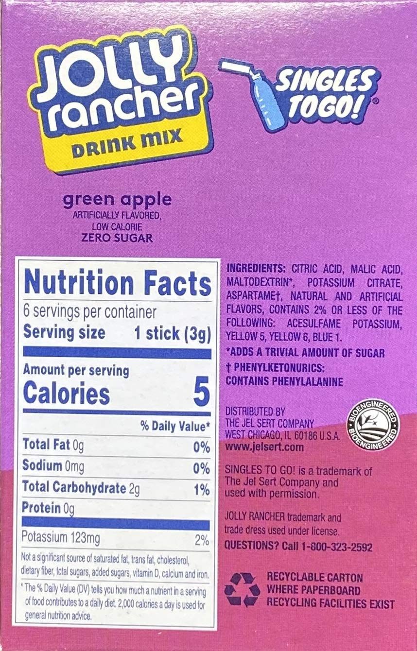 Lot of 6 (6-ct.) Boxes Mixed Variety JOLLY RANCHER ~ 3 Green Apple & 3 Watermelon. ~Singles to Go! Sugar Free Drink Mix.