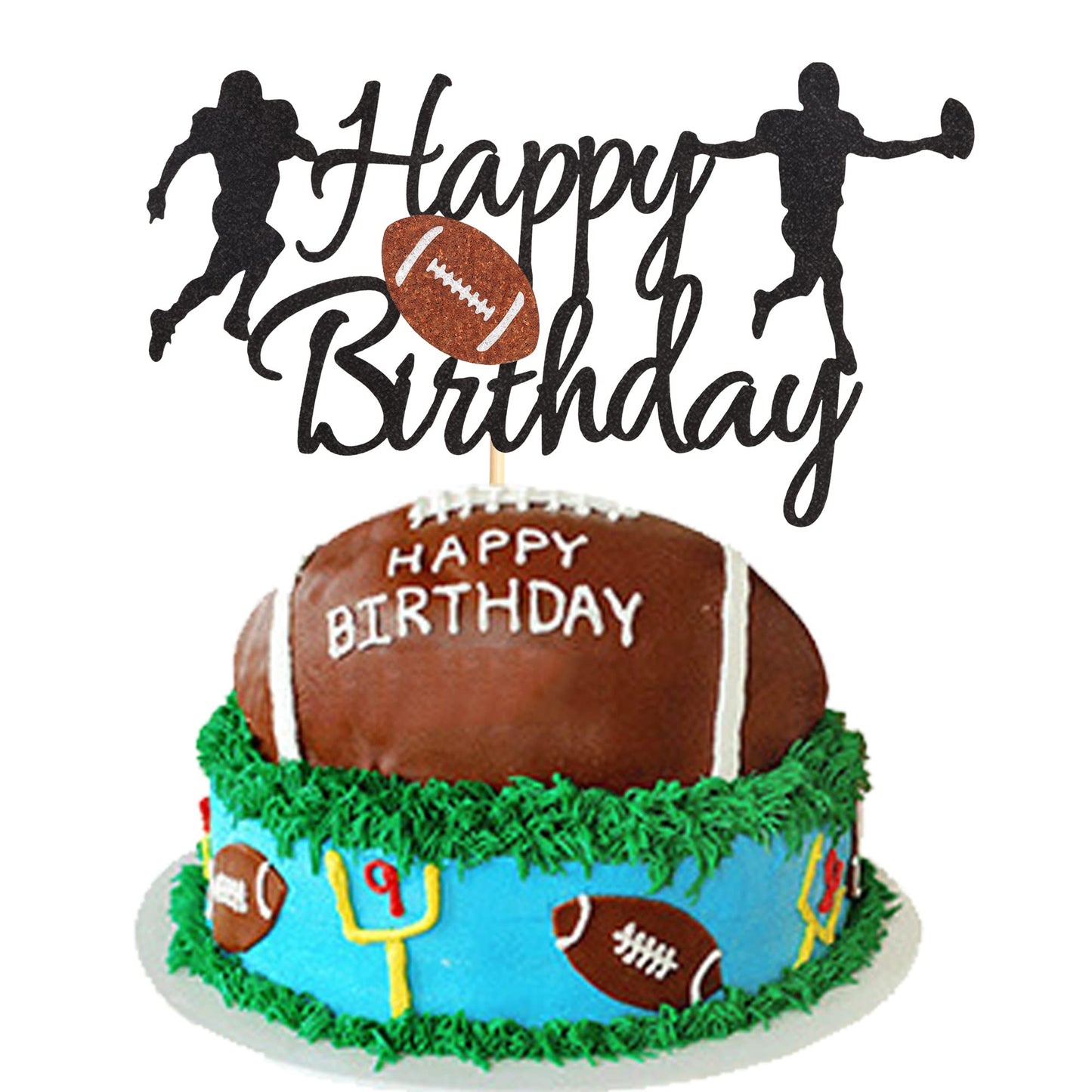 Arthsdite Football Cake Topper - Rugby Ball Happy Birthday Cake Topper For Football / Sport Theme For Man Kids Boy Birthday Party Decoration - Black Glitter