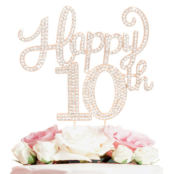 Happy 10Th Birthday Decorations,10Th Birthday Gold Rhinestone Cake Topper - Cheers To Ten Years Old Bday Party Metal Sparkly Cak
