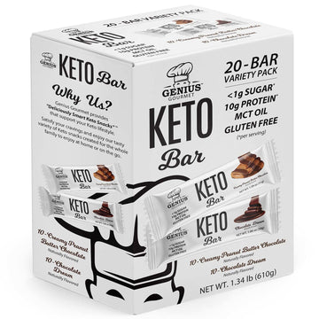 Genius Gourmet Gluten Free Keto Protein Bar, Chocolate Keto Bars, Premium Mcts, Low Carb, Low Sugar (Variety Pack, 20 Count (Pac
